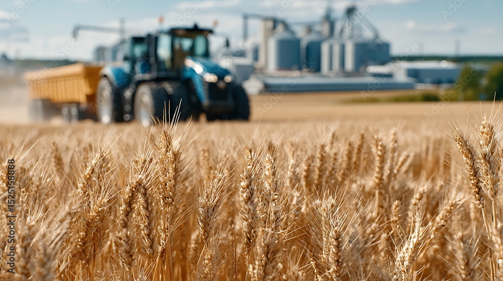 Obraz premium Golden Wheat Landscape at Sunset with Tractor in Background and Blurred Field