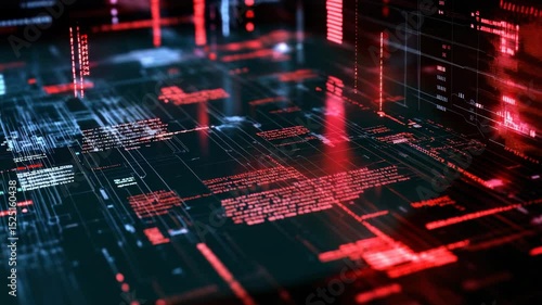 Video with a complex abstract background displaying encrypted programming code and digital security elements. The dark futuristic theme includes red warning signals and protective firewalls.