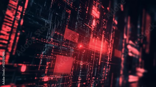 Video with a complex abstract background displaying encrypted programming code and digital security elements. The dark futuristic theme includes red warning signals and protective firewalls.