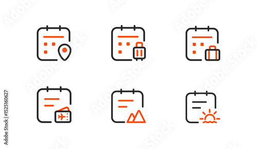 Travel-themed calendar icons: destination planning, packing, visa or passport checks, adventure trips, and vacation sunsets. Ideal for travel apps and itinerary management.