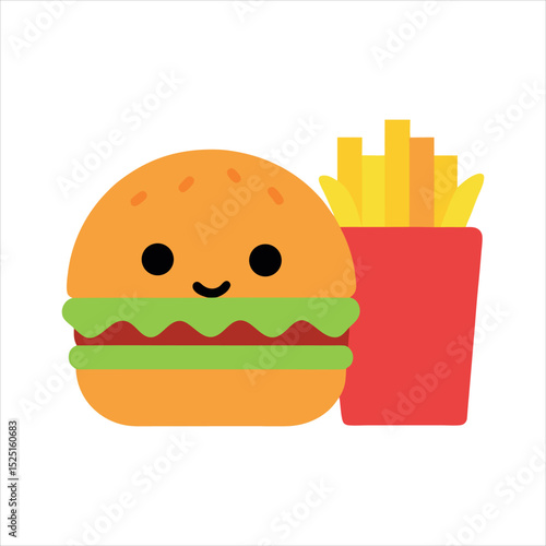 Cute Cartoon Hamburger and French Fries Illustration happy hamburger with