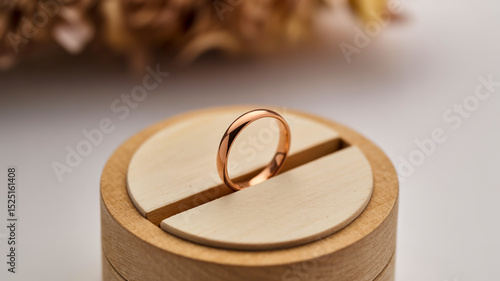 A close-up product photograph of a simple rose gold wedding band ring displayed on a circular wooden ring box