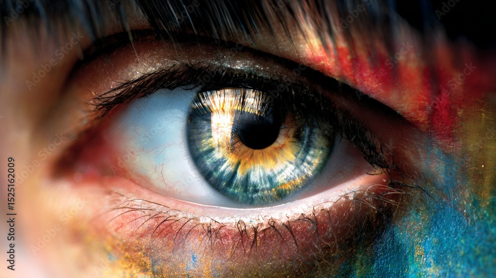 Fototapeta premium Close-up of a human eye with colorful paint splashes on the face
