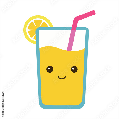 Cute Cartoon Lemonade Glass with Straw and Lemon happy illustrated