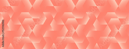 Bold pattern of interlaced hex shapes and overlay lines rendered in stipple grain. Coral hue creates warmth. Great for web headers, editorial spreads or wide creative compositions. Panoramic wallpaper