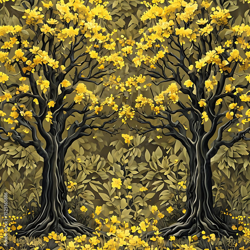 Wallpaper Mural Golden Forest with Stylized Trees and Autumn Leaves Digital Illustration Torontodigital.ca