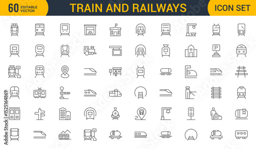 Set of Outline train and railways icon set. intercity, international, freight trains, linear icons. Outline icon collection.