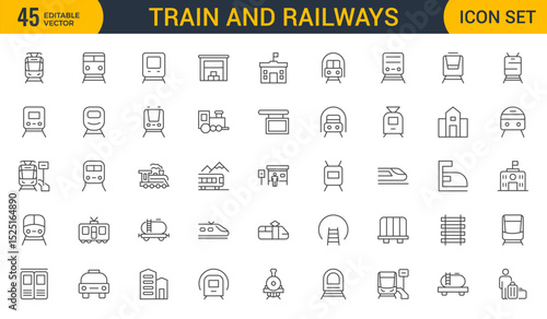 Set of Outline train and railways icon set. intercity, international, freight trains, linear icons. Outline icon collection.