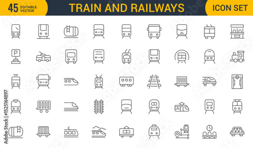 Set of Outline train and railways icon set. intercity, international, freight trains, linear icons. Outline icon collection.