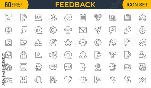 Set of line icons in linear style. Series - Feedback. Like, review and comment on Internet content. User opinion and survey. Outline icon. Concept