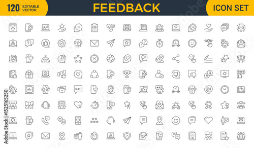 Set of line icons in linear style. Series - Feedback. Like, review and comment on Internet content. User opinion and survey. Outline icon. Concept