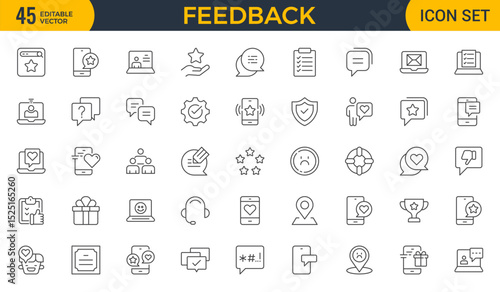 Set of line icons in linear style. Series - Feedback. Like, review and comment on Internet content. User opinion and survey. Outline icon. Concept