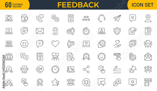 Set of line icons in linear style. Series - Feedback. Like, review and comment on Internet content. User opinion and survey. Outline icon. Concept