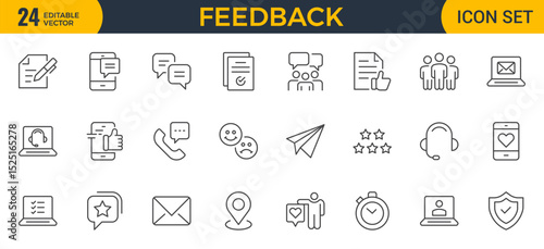 Set of line icons in linear style. Series - Feedback. Like, review and comment on Internet content. User opinion and survey. Outline icon. Concept