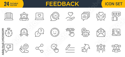 Set of line icons in linear style. Series - Feedback. Like, review and comment on Internet content. User opinion and survey. Outline icon. Concept