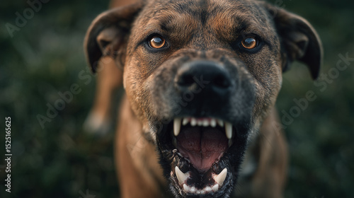 Aggressive brown dog with sharp teeth snarling and showing fierce expression in outdoor natural environment