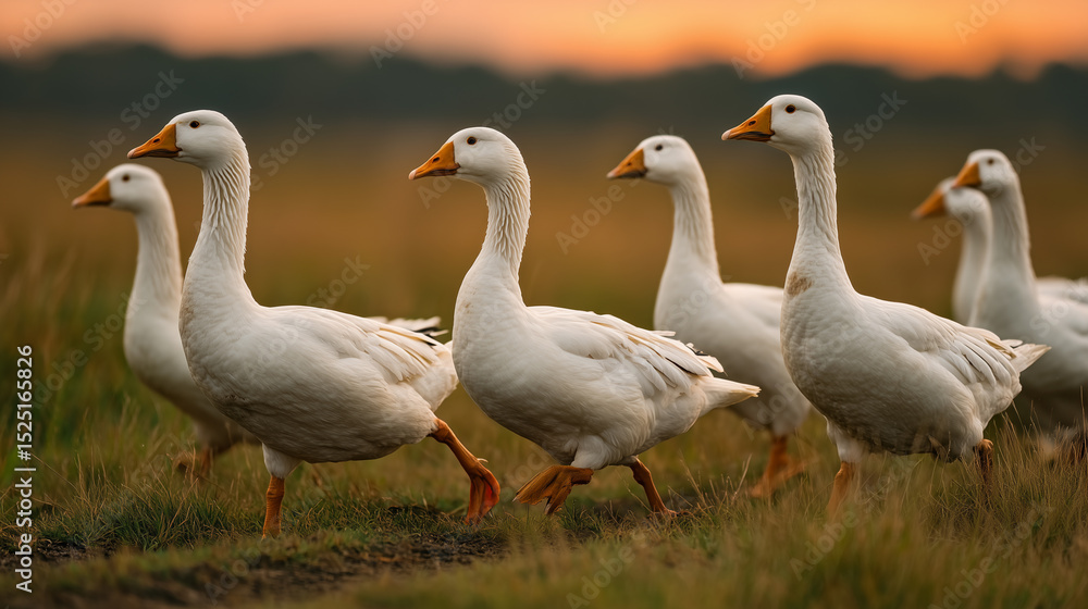 Obraz premium Group of white geese walking through green grass at sunset with warm orange sky in background, creating peaceful and natural outdoor scene