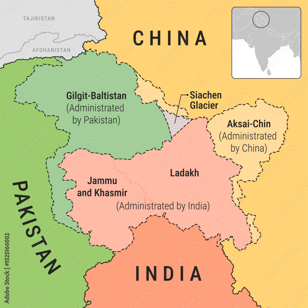 Obraz premium Political Map of India, Pakistan, and China