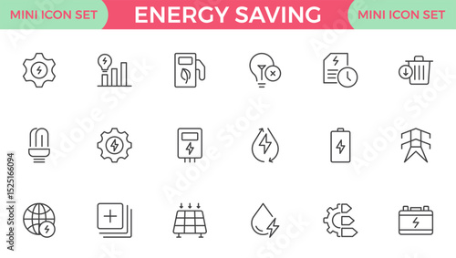 Energy Saving outline icon set with conservation, reduce waste, consumption, management, efficiency, gas emission and green house. Eco related icons Energy Costs, Power ConsumptionGreen House