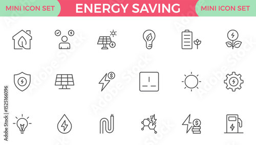 Energy Saving outline icon set with conservation, reduce waste, consumption, management, efficiency, gas emission and green house. Eco related icons Energy Costs, Power ConsumptionGreen House