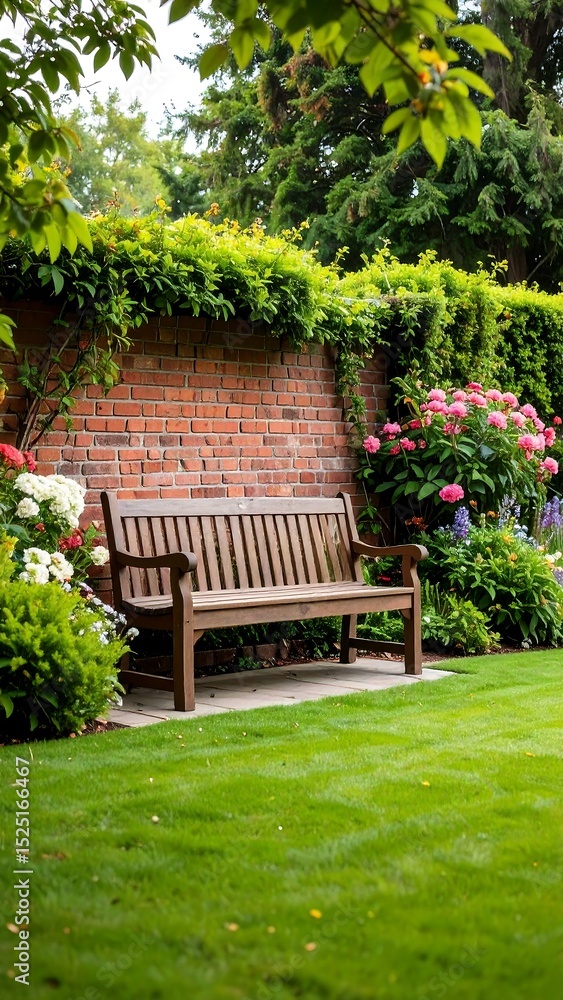 Naklejka premium Garden Bench with Brick Wall, and Flowers.