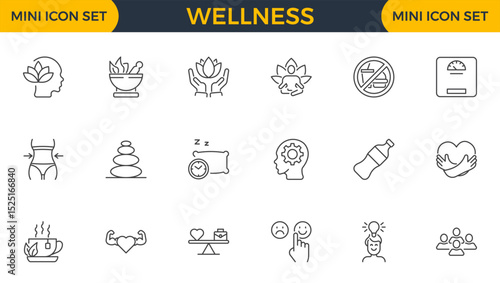 Wellness editable stroke outline web icons set. Healthy habits, yoga, spa, aromatherapy, relaxation, sleep, exercise and diet. Vector illustration