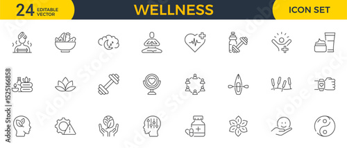 Wellness editable stroke outline web icons set. Healthy habits, yoga, spa, aromatherapy, relaxation, sleep, exercise and diet. Vector illustration