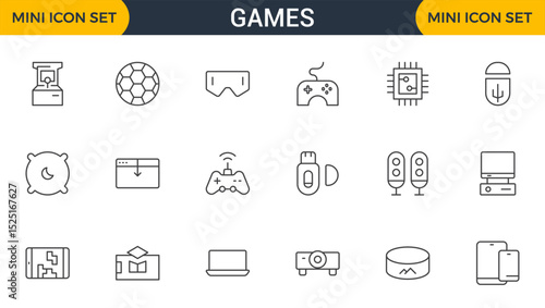 Games outline icon set. Gaming icon elements containing points and life bars, console, player, chess, multiplayer, casino and mobile game icons.video games, gaming, technology, gadget, esport.