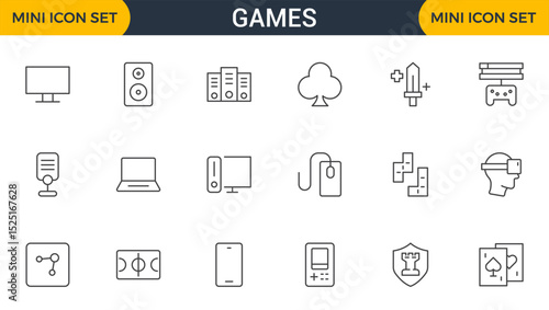 Games outline icon set. Gaming icon elements containing points and life bars, console, player, chess, multiplayer, casino and mobile game icons.video games, gaming, technology, gadget, esport.