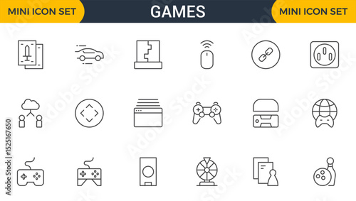 Games outline icon set. Gaming icon elements containing points and life bars, console, player, chess, multiplayer, casino and mobile game icons.video games, gaming, technology, gadget, esport.