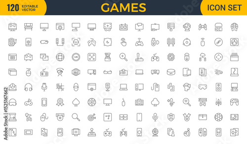 Games outline icon set. Gaming icon elements containing points and life bars, console, player, chess, multiplayer, casino and mobile game icons.video games, gaming, technology, gadget, esport.