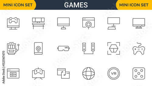 Games outline icon set. Gaming icon elements containing points and life bars, console, player, chess, multiplayer, casino and mobile game icons.video games, gaming, technology, gadget, esport.