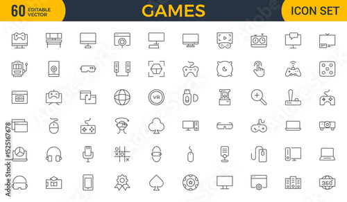 Games outline icon set. Gaming icon elements containing points and life bars, console, player, chess, multiplayer, casino and mobile game icons.video games, gaming, technology, gadget, esport.