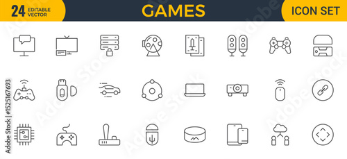 Games outline icon set. Gaming icon elements containing points and life bars, console, player, chess, multiplayer, casino and mobile game icons.video games, gaming, technology, gadget, esport.