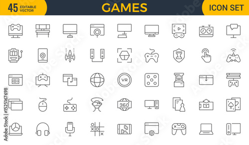 Games outline icon set. Gaming icon elements containing points and life bars, console, player, chess, multiplayer, casino and mobile game icons.video games, gaming, technology, gadget, esport.