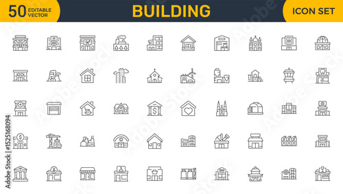 Set of outline icons related to buildings. Linear icon collection. Editable stroke. Vector illustration