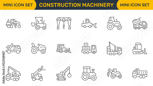 Set of outline icons related to construction machinery. Linear icon collection. Editable stroke. Vector illustration