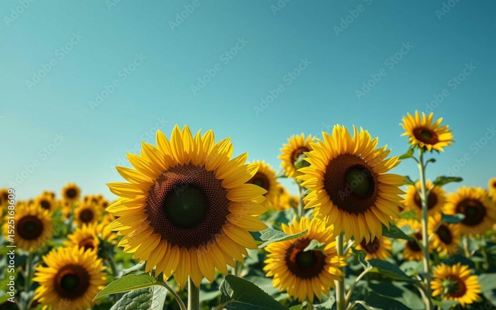 Obraz premium Sunflower field wallpaper in seamless floral pattern. Vivid yellow blooms, clear blue sky, DSLR clarity, soft lighting, no vignette, no people, perfect for high-resolution use.