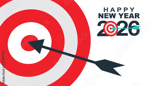 New Year 2026 Target concept. Greeting card and round target with arrow. New goals for next year and achieving success.