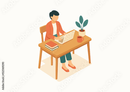 自宅のデスクでノートパソコンを操作するリモートワーク中の女性（ビジネス・IT・教育）