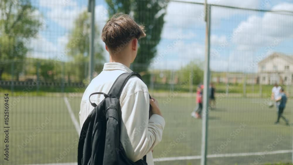 Student with backpack watching activity at the school sports field Student with backpack watching activity at the school sports field