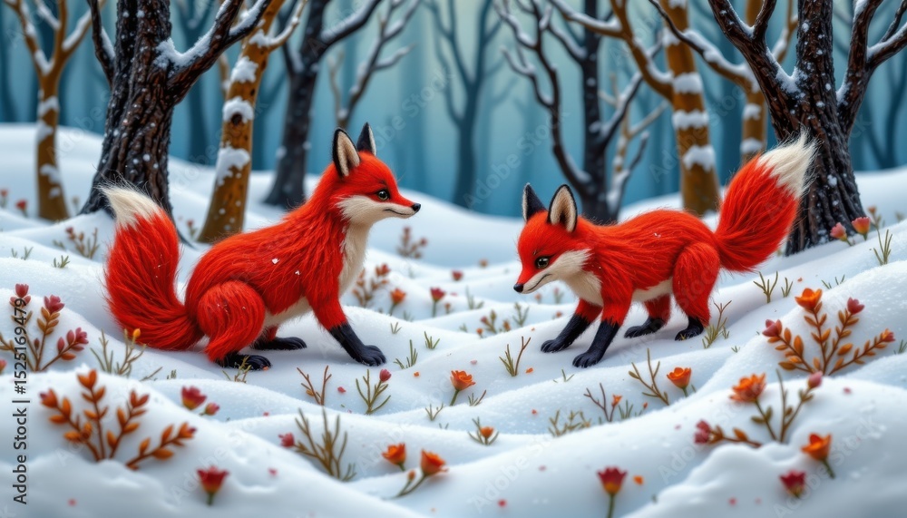 Naklejka premium a wool felt art showing a pair of red foxes playing in a snowy winter forest