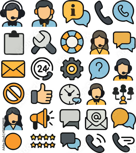 Diverse Customer Service Icons Representing Support, Communication, and Assistance.