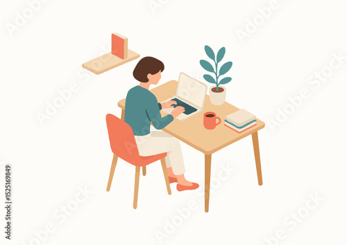 観葉植物と本に囲まれた女性のリモートワーク環境（ビジネス・教育・ライフスタイル）