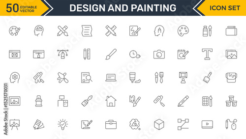 Set of Design and Painting Icons Collection: A Versatile Set for Art, Design Projects, Illustration Work, Studio Resources, and Creative Professional Use.