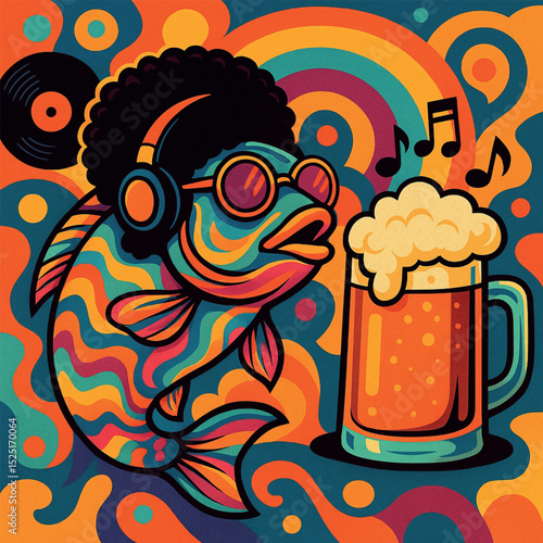 Hippie fish in headphones and beer.