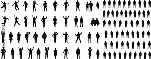 Diverse human silhouettes in dynamic dancing and static standing poses vector set, black isolated figures for design, presentation, infographic use