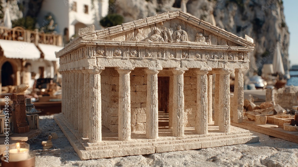 Fototapeta premium Ancient architectural model with intricate columns and detailed carvings set in a serene outdo