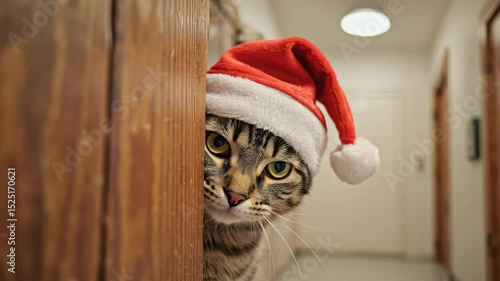 A cute cat peeks through a doorway, wearing a Santa Claus hat for the festive season. This whimsical pet is ready for holiday cheer.