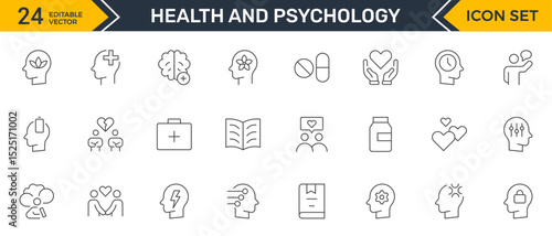 Set of Mental Health and Psychology Icons: A Complete Collection for Therapy Sessions, Counseling, Emotional Well-being, Support Services, and Wellness Programs